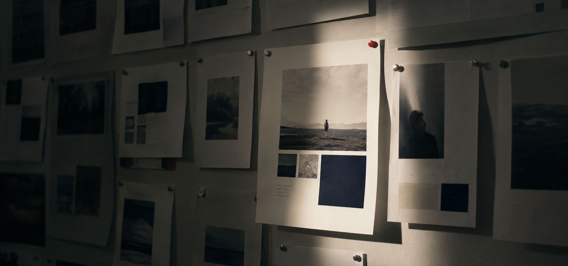 Wall of pinned campaign layouts with one lit in a pool of light